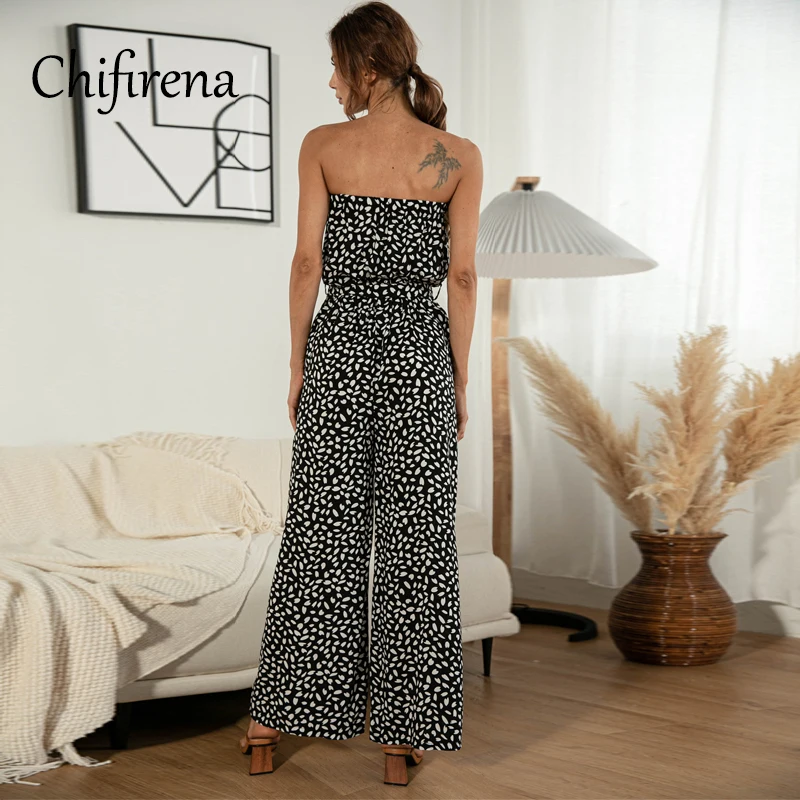 

Chifirena Summer Dot Print Jumpsuit Strapless Belt Sexy Playsuit Wide Leg Loose Rompers High Waist Beach Boho Overalls For Women