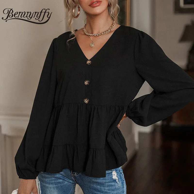 

Benuynffy V-neck Solid Button Front Ruffle Hem Smock Blouse Autumn Black Long Sleeve Shirt Sweet Casual Women Tops and Blouses