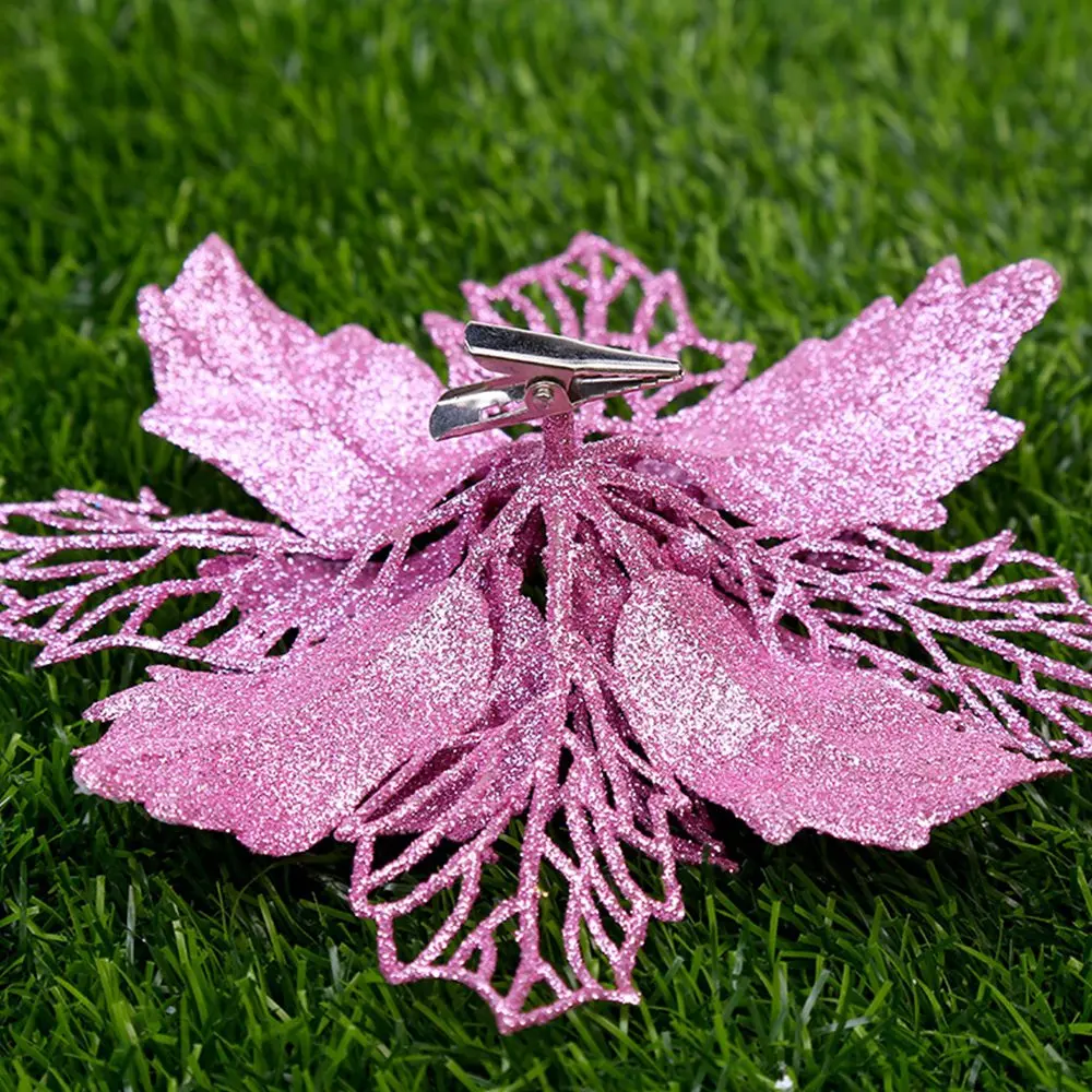 

10PCS Christmas Cutting Gold Safflower Fruit Hollow Leaves Christmas Tree Decoration Wreath DIY With Ornaments Glitter Flower