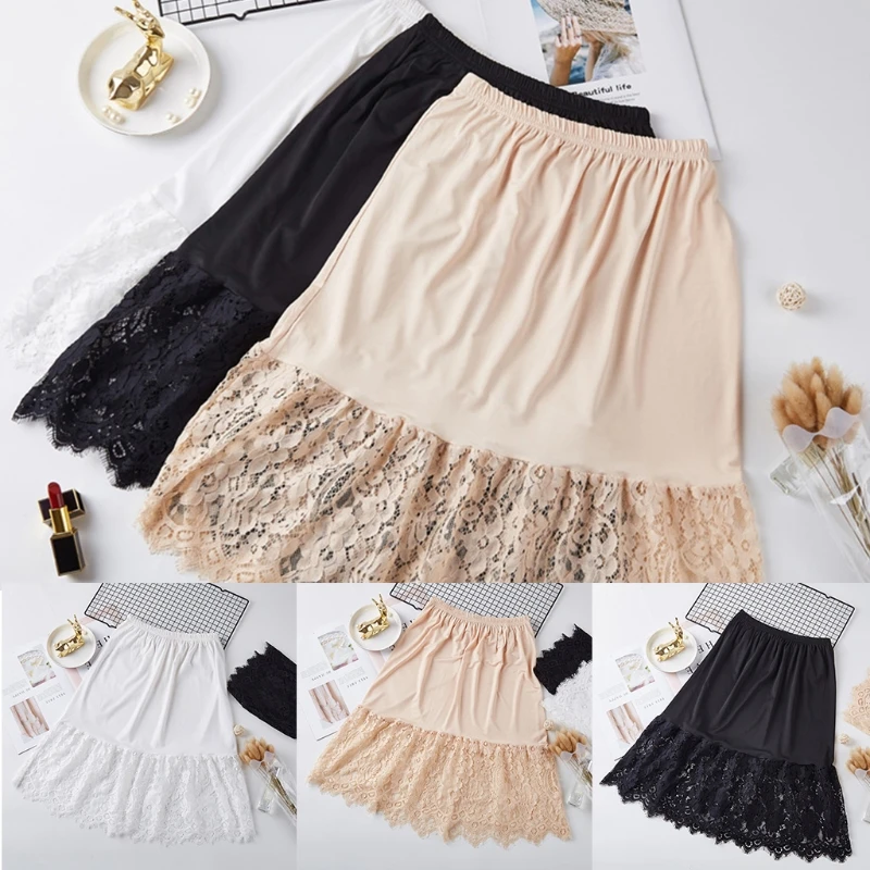 

2021 Hot Women Elastic Waist Layered Tiered Sheer Lace Trim Extender Half Slip Mini Skirt 83XF