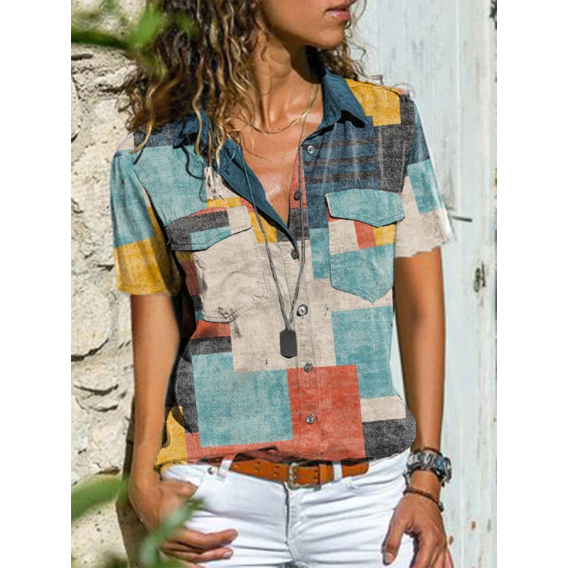

Рубашка в стиле ретро на пуговицах с ярким принтом, летняя однотонная Повседневная Свободная футболка в клетку с отложным воротником и одно...