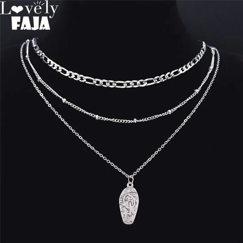 

2021 Fashion Bohemia Stainless Steel 3 Layers Charm Necklace for Women Statement Necklace Jewelry collier astrologie NXS04