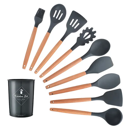 Black-10pcs-B Силиконовые кухонные инструменты Наборы для приготовления пищи суповая ложка лопатка антипригарная лопата с деревянной ручкой специальная термостойкая конструкция - Цвет: Black-10pcs-B