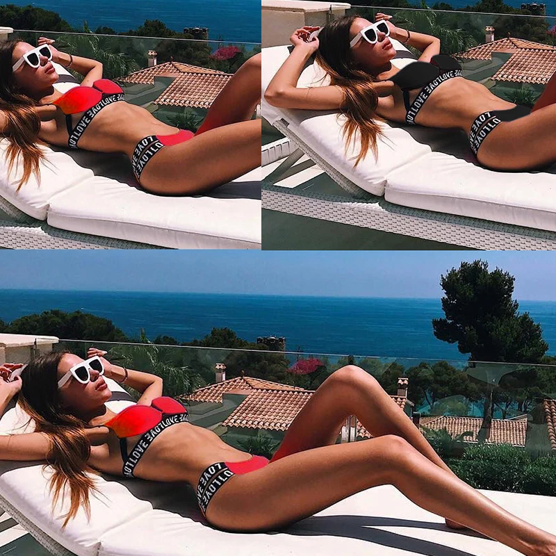 Пляжная одежда купальник бикини 2019 женский с буквенным принтом купальный костюм