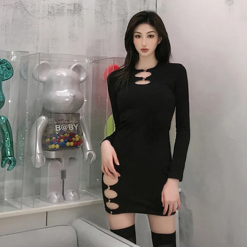 

Careful machine design button hollow sexy slim long sleeve dress for women