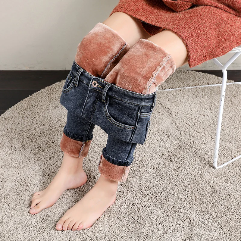 

Winter Plush Warm Women High Waist Straight Jeans Lady Students Fleece Denim Pencil Pants Female Slim Stretch Length Trousers