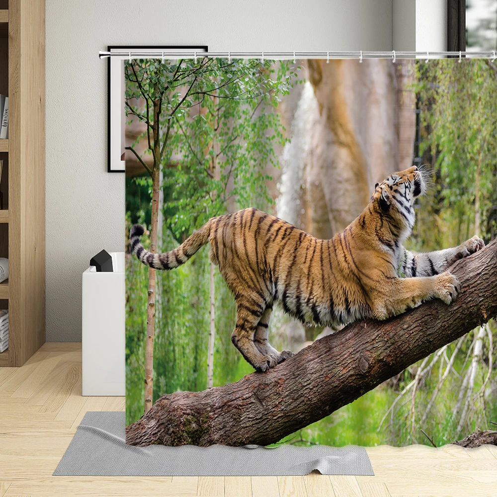 

Tiger Cute Forest Animal Wood Pattern Shower Curtain Waterproof Polyester Fabric Bathroom Curtains For Home Decor With Hooks