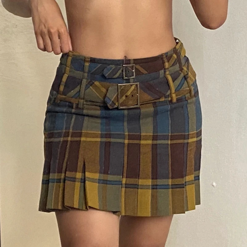 

Fashion Women Low Waist Plaid Micro Skirts Y2K Streetwear Buckle Patchwork A-line Skirts E-girl Aesthetics Outfits