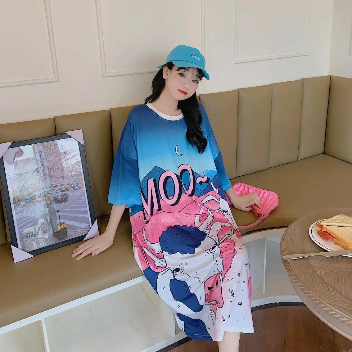 Falda de camisa holgada con estampado de estrella de dibujos animados, ropa para mujer