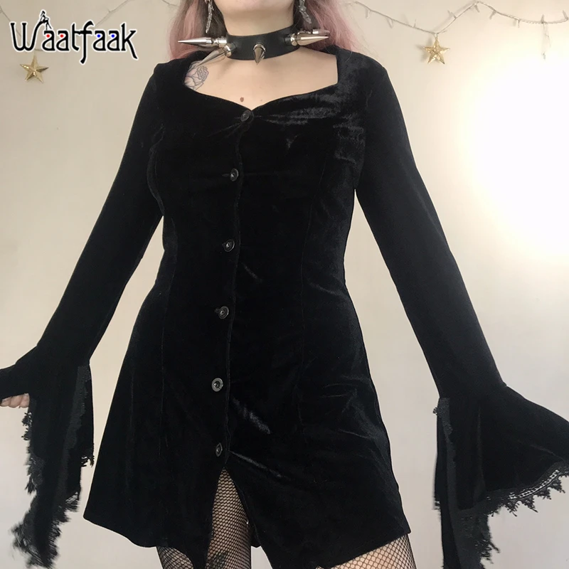 

Waatfaak Dark Academia Black Mini Dress Women Single Breasted Goth Grunge Dress Cute Elegant Shirt Dress Long Sleeve Gothic 2021