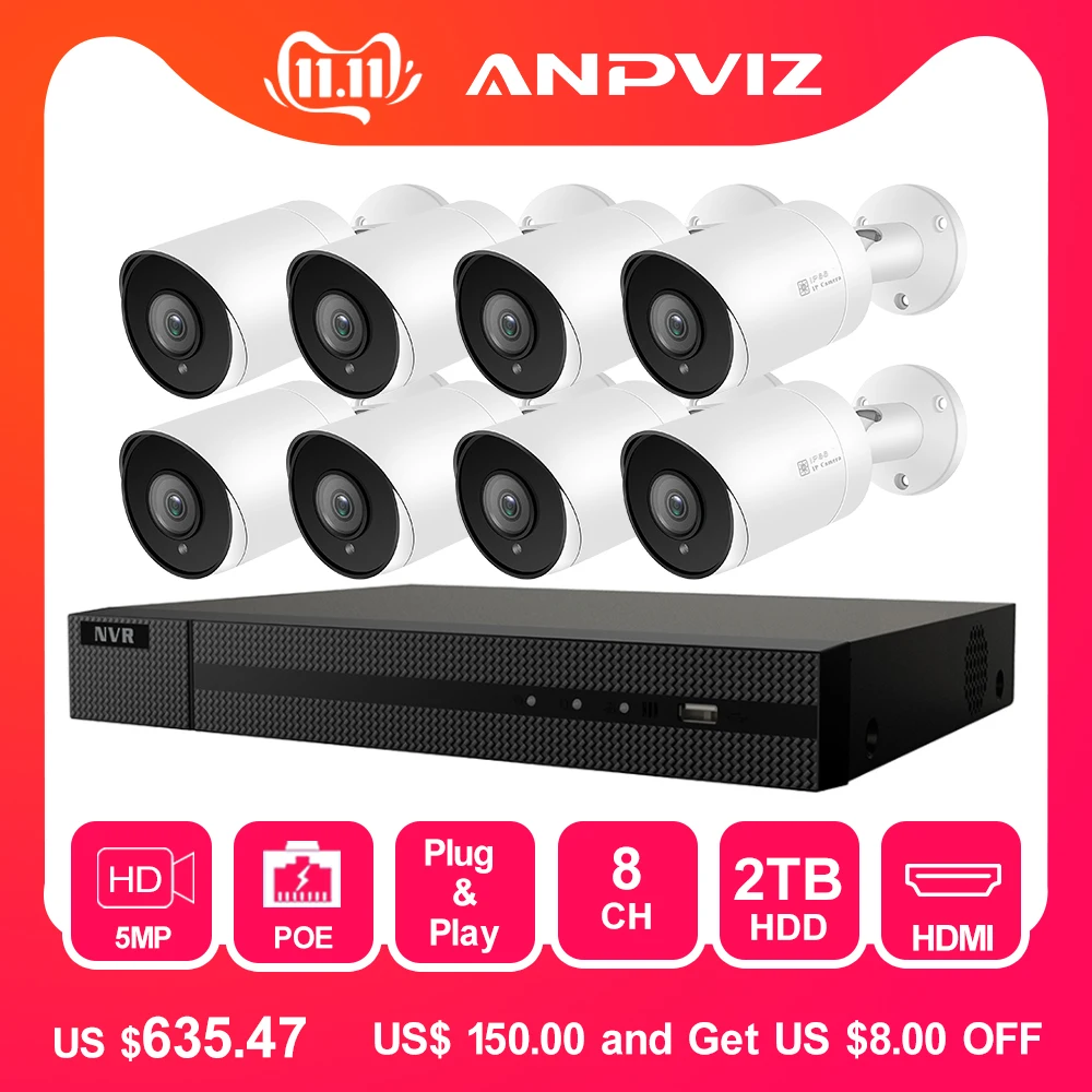 H.265 POE IP CCTV безопасности Системы 8CH 4 к NVR набор на открытом воздухе 4/6/8 шт. 5MP пуля PoE IP Камера ИК P2P комплект видеонаблюдения 2 ТБ HDD