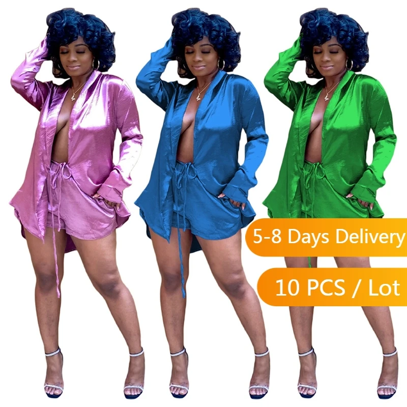 

Wholesale Items Satin Two Piece Set Women Streetwear Long Sleeve Shirt and Bandage Shorts Set Ladies Loungewear Women Set Fall