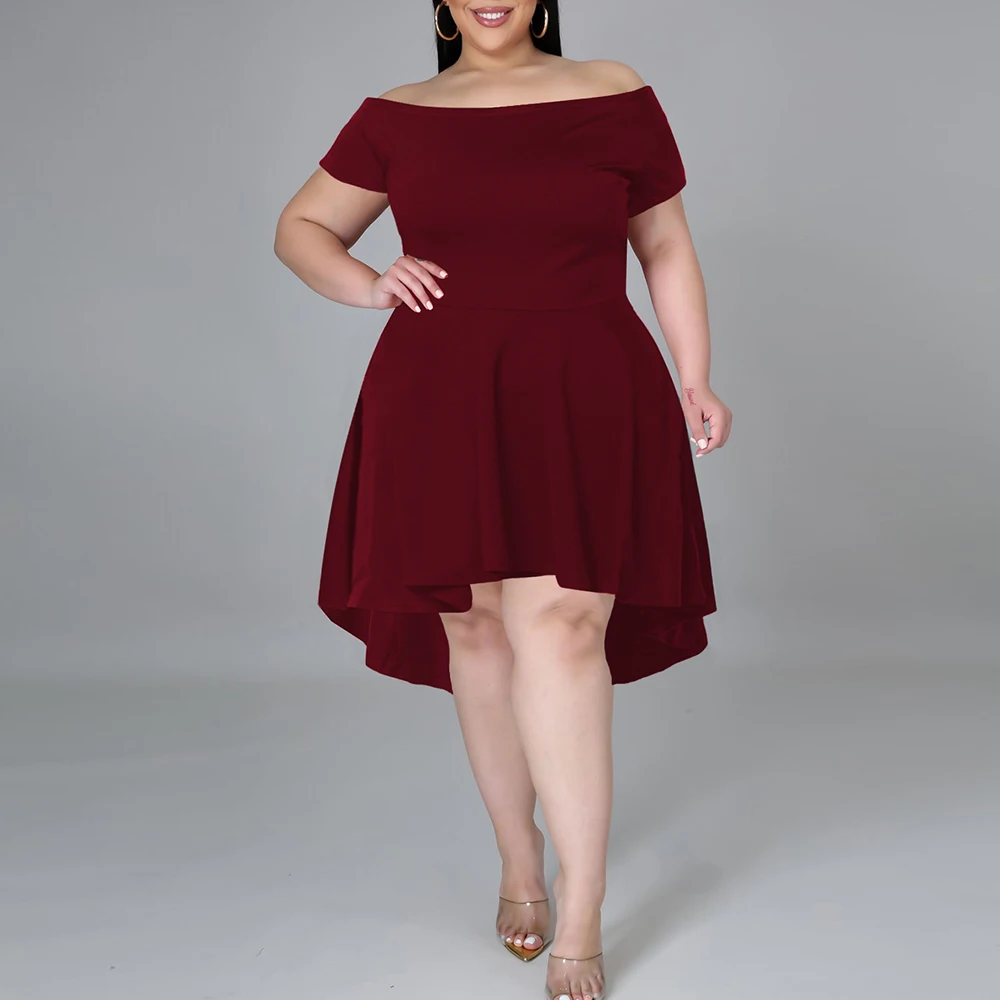 

Women Dress Plus Size 2021 Fashion Wine Solid Color Off Shoulder Casual Midi Dress Ladies Short Sleeve New Year Party Dress 5XL