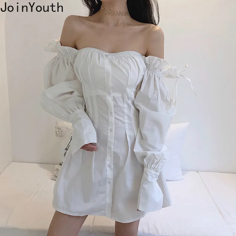 Joinyouth Сексуальная Корейская блузка с открытыми плечами платья пышными длинными