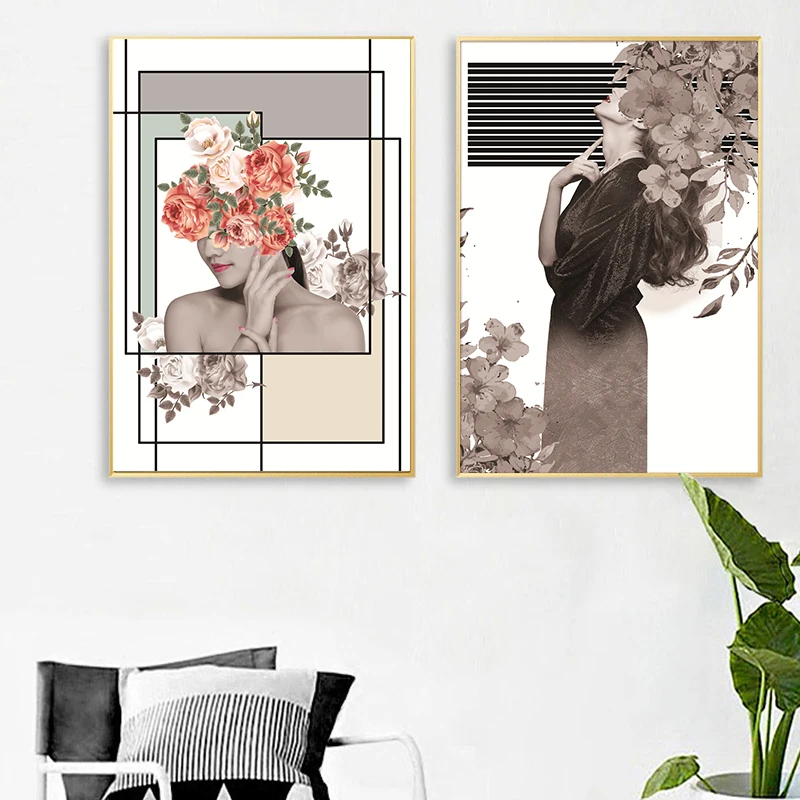 Модная красивая женщина портрет и картины на холсте с цветами настенные плакат