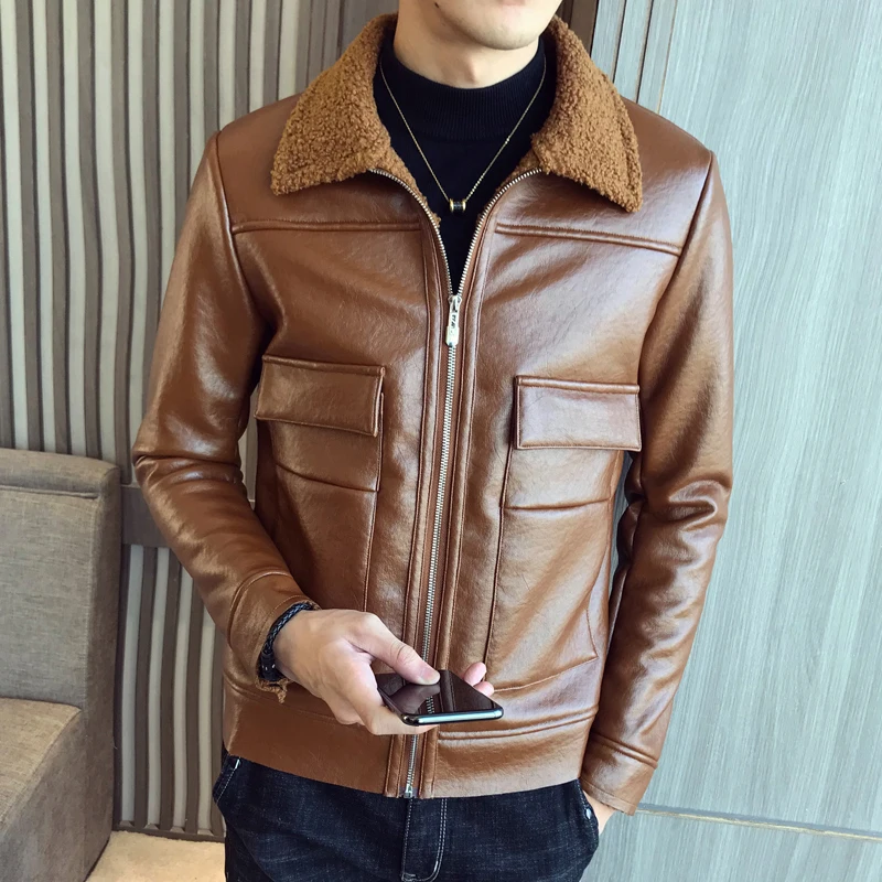 Новинка 2019 осенне зимняя кожаная приталенная куртка с меховым воротником в