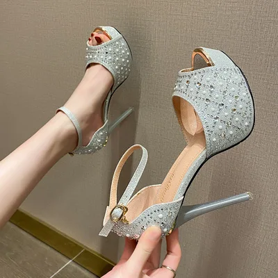 

sexy Ultra-high sandals 12cm heel waterproof table thick soles buckle water drill fish mouth shoes women's 857-1 2021 woman pump