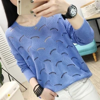 2021 summer korean thin hollow out knitted tops pullover women 5 color casual long sleeve female pull jumper femme top sweater