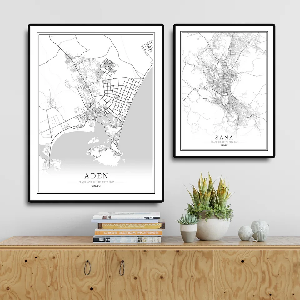 Черно-белая карта города Йемена плакат в скандинавском стиле для гостиной Сана