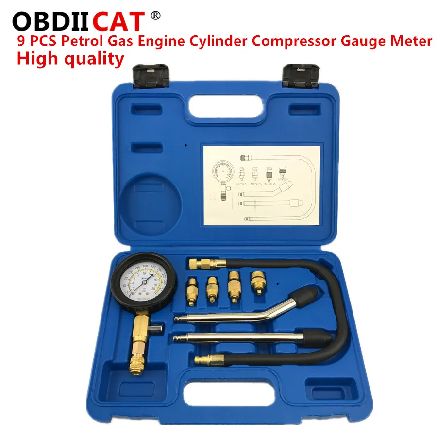 

OBDIICAT 9 PCS Petrol Gas Engine Cylinder Compressor Gauge Meter Test Pressure Compression Tester Leakage Diagnostic Tools