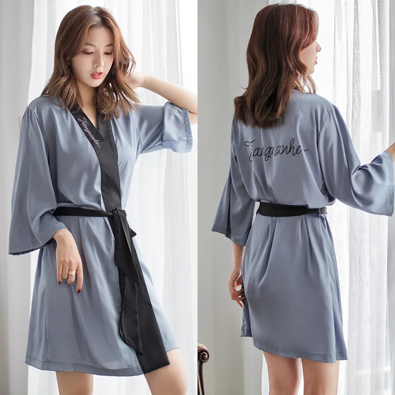 

Bride Short Kimono Robe Patchwork Color Women Sleepwear Bathrobe Gown Summer New Nightwear Satin Casual Intimate Lingerie