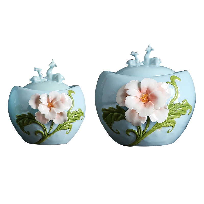 

High-end Three-dimensional Flowers Ceramics Tea Caddies Sealed Canister Tea Leaf Jar Candy Containers Travel Tea Bag Storage Box