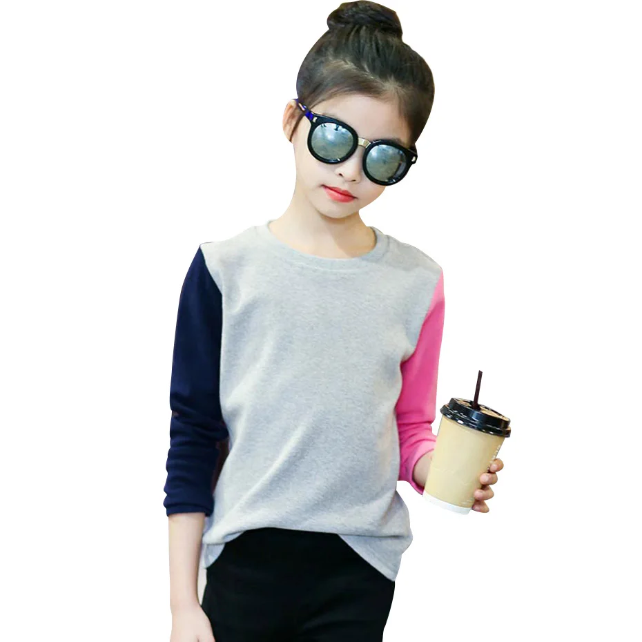 Футболки для девочек Лоскутная футболка длинная весенне-осенняя одежда 6 8 10 12 14