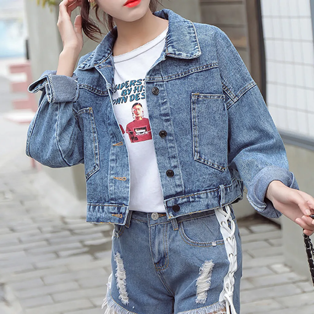 JAYCOSIN джинсовая куртка бойфренда женская укороченная винтажная с длинным рукавом