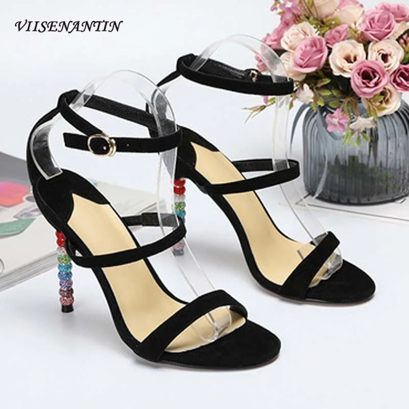 

New Open-toed Sheepskin High-heeled Shoes Fashion Word with Buckle Shaped Rhinestone Ultra-high Stiletto Large Size Sandals