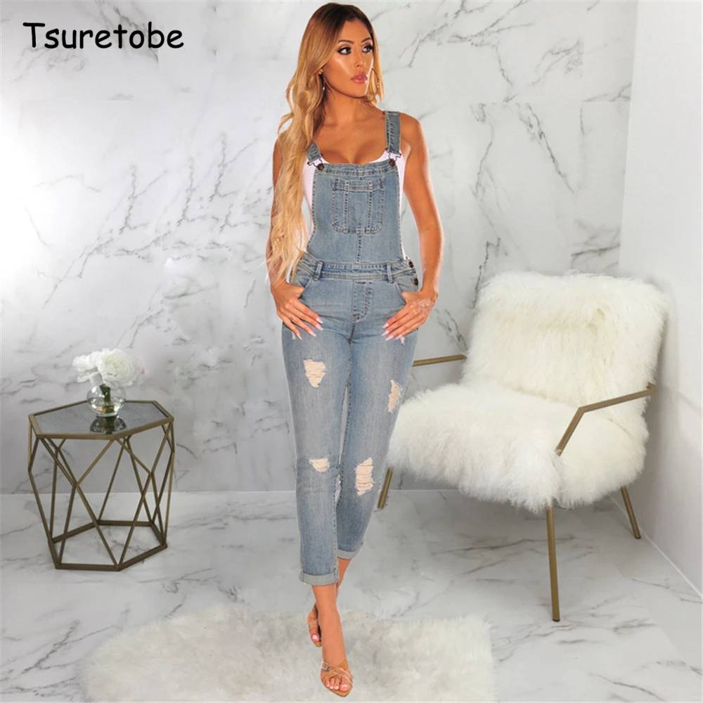 

Tsuretobe Casual Spaghetti Strap Jumpsuit Backless Women Sleeveless Denim Ripped Romper Female Jeans Overalls Pockets Salopette