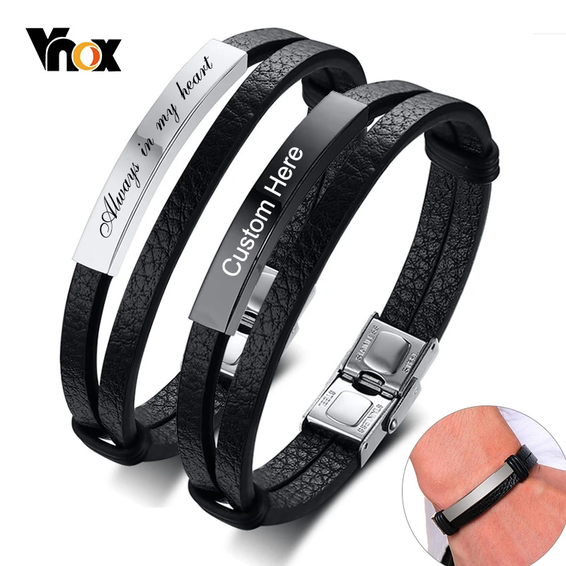 Vnox индивидуальный кожаный браслет для мужчин многослойный ID из нержавеющей