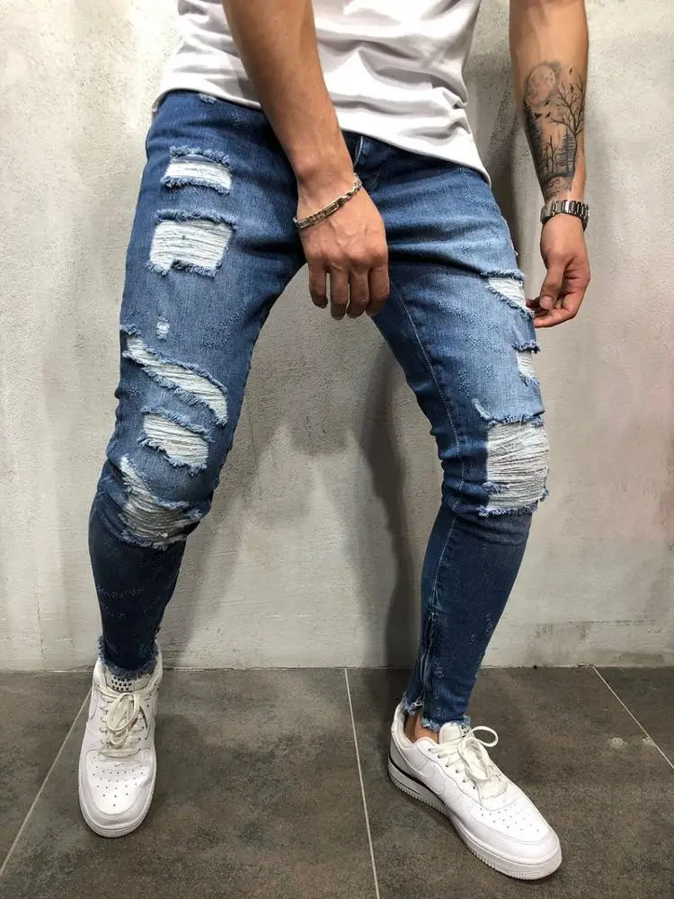 

Luren Skinny Ripped Jeans Men Homme Hip Hop Stripe Slim Fit Denim Pants Male Pencil Bottoms Street Knee Holes