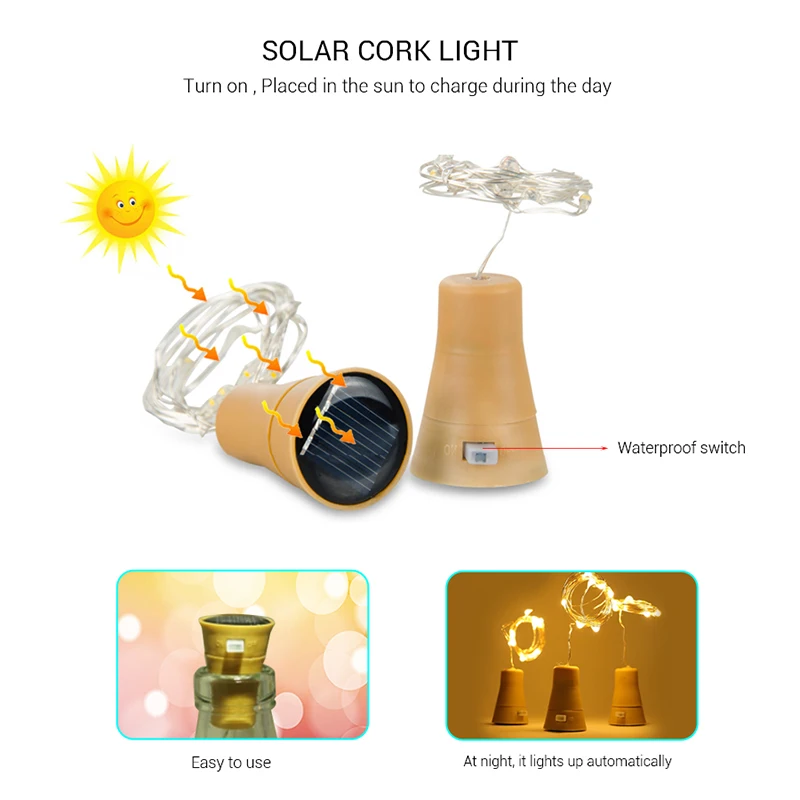

10LEDs/20LEDs Solar String Lights Garland Cork Shaped Wine Bottle Light Outdoor Solar Fairy Lights Christmas Decorative LED Lamp