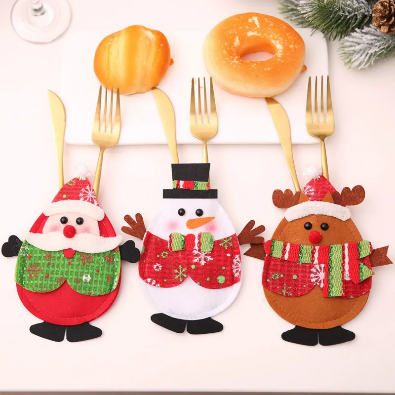 

3Pcs Christmas Decorative Tableware Knife Fork Set Lovely The Old Man, The Snowman and The Elk Christmas Ornaments