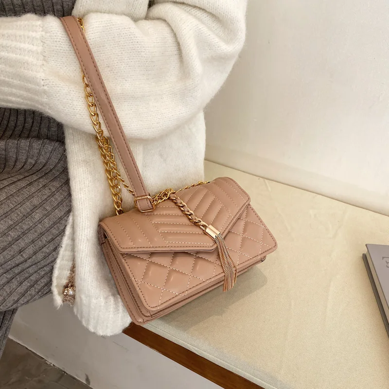 

Vintage Solid Color Crossbody Bags for Women 2020 Luxury Designer Quality Leather Chains Shoulder Bag Female Purses and Handbags