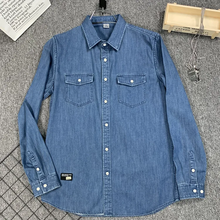 Мужская Повседневная джинсовая рубашка однотонная приталенная Модная с