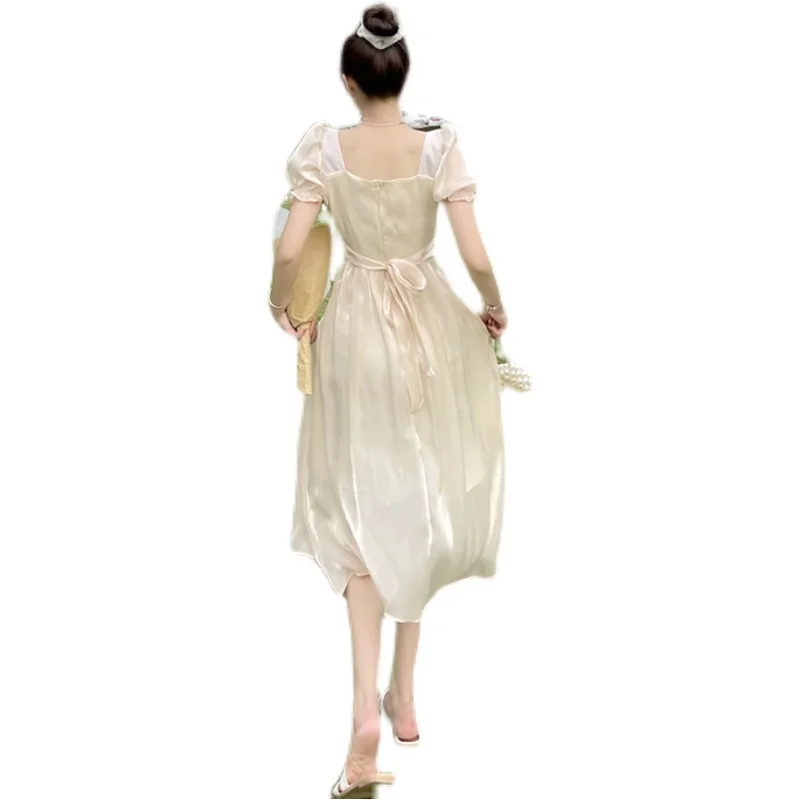 

Summer Elegant Square Satin Dress Ladies Puff Sleeve Beaded Fashion Women's Long Dresses princess clothing