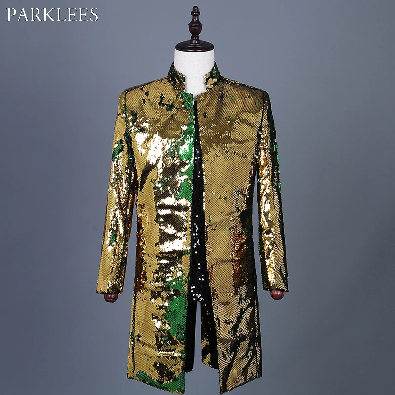 

Gold Flipping Sequin Blazer Jacket Men Stand Collar Mens Long Suit Jacket Embellished Stage Party Dance Singer Costume Homme 3XL