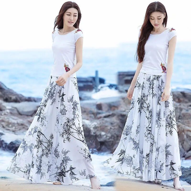 

2020 New Summer Women Chiffon Elastic High Waist Pleated Skirts Ladies Bohemia Style Floral Printed Big Swing Maxi Skirts Z43
