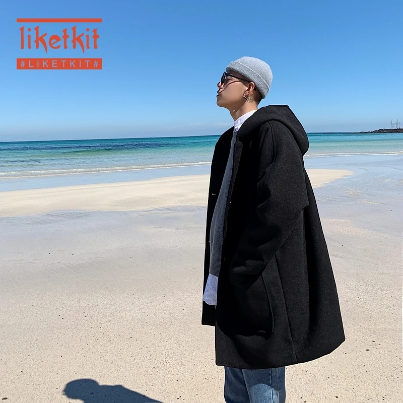 Liketkit мужской зимний длинный Тренч с капюшоном 2019 однотонный Повседневный смесь