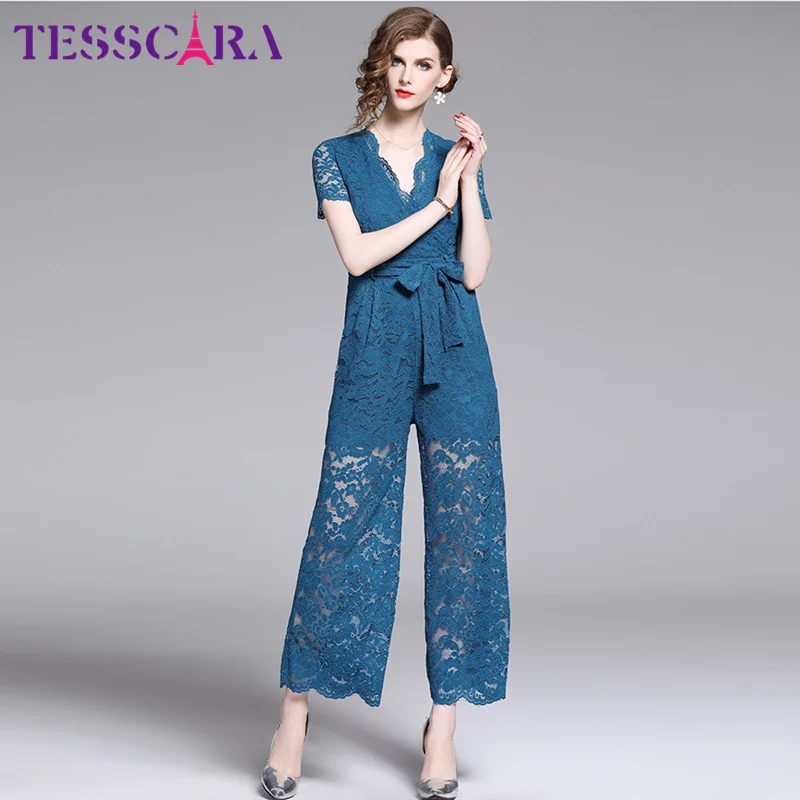 Blue TESSCARA, женский летний элегантный офисный кружевной комбинезон, модные комбинезоны и комбинезоны, женские комбинезоны, боди, женские комбинезоны - Цвет: Blue