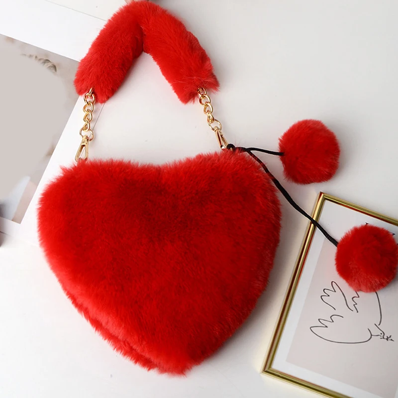 

2021 New Fashion Women's Heart Shaped Faux Fur Crossbody Wallet Purse Chain Shoulder Bag Lady Handbag