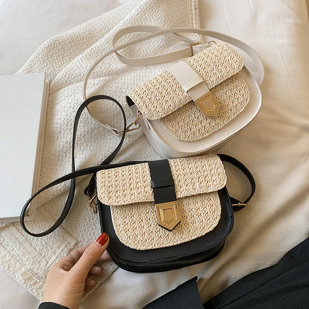 

Fashion Women Splicing Mini Flap Saddle Crossbody Bag Woven Semicircle Handbag Summer Handbag Women Tote Vintage