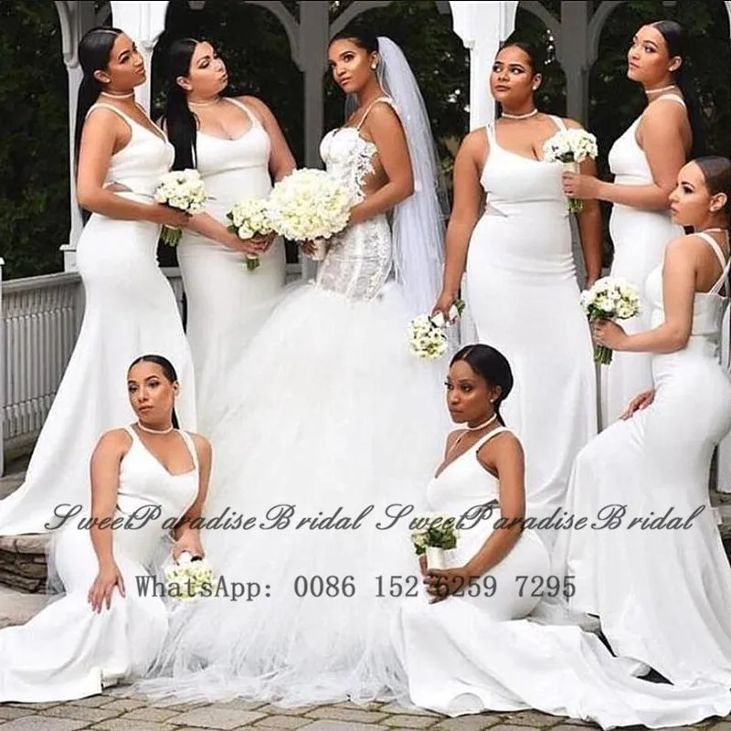

White Mermaid Bridesmaid Dresses 2020 Spaghetti Strap Scoop Customize Women Long Sweep Train Prom Dress Wedding Party Vestidos