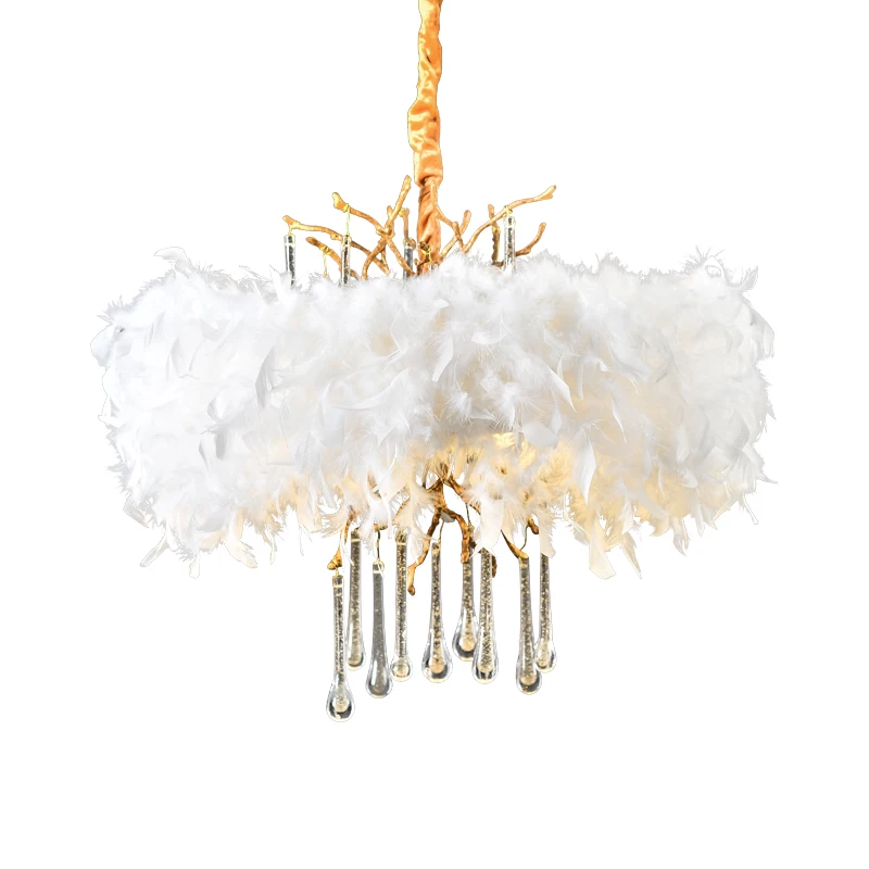 

Nordic Luxury White Feather LED Pendant Lights Living Room Chandeliers Lamp Romantic Princess Decorated Bedroom Hanging Lighting