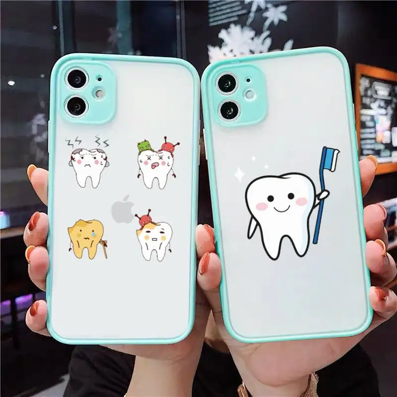 

Funny Cartoon Dentist Dental Crowned Teeth Phone Case For iPhone 13 12 11 Mini Pro XR XS Max 7 8 Plus X Matte transparent blue