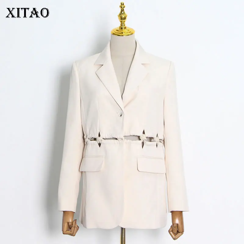 

XITAO White Blazer Fashion New Women Full Sleeve Single Breast Hollow Out Pocket Pocket 2021 Autumn Minority Coat GWJ0737
