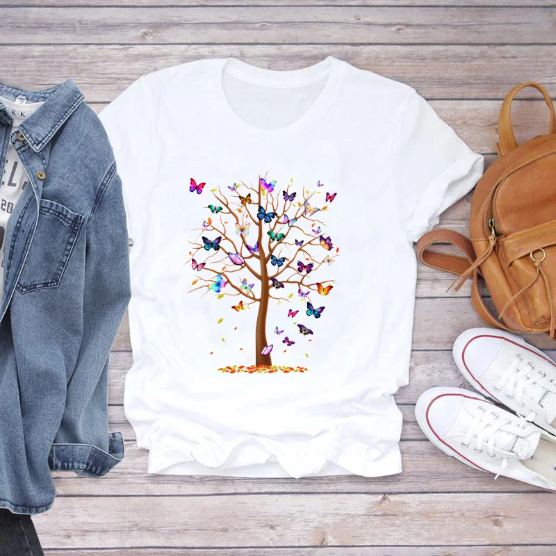 

90s Design Harajuku Anime T-Shirts Butterfly Tree Printed Women's Fashion T-Shirt Summer 2021 Casual Round Neck Women's Clothing