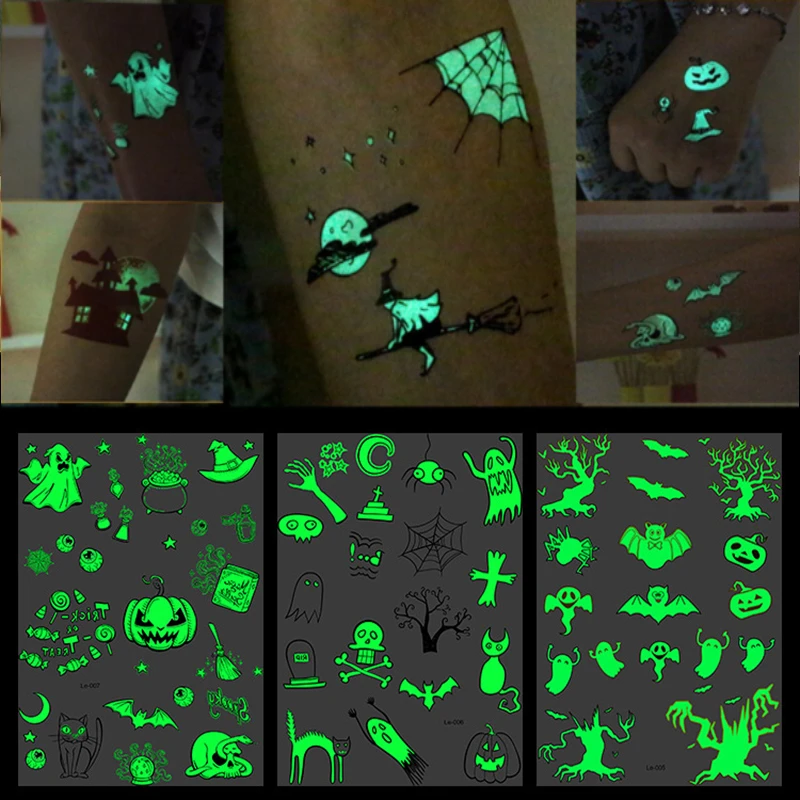 

1pc Halloween Luminous Tattoo Ghost Taty for Kids Fake Tattoo Witch Glowing In Dark Waterproof Temporary Tattoo Stickers