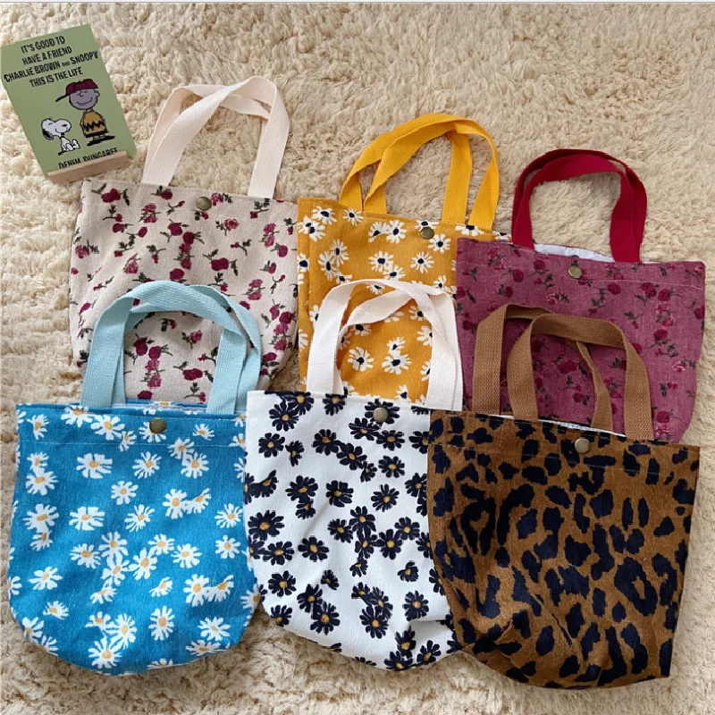 

Women Lunch Bag Floral Print Corduroy Handbags Female Retro Fashion Food Cotton Bag Female Canvas Small Tote Bags